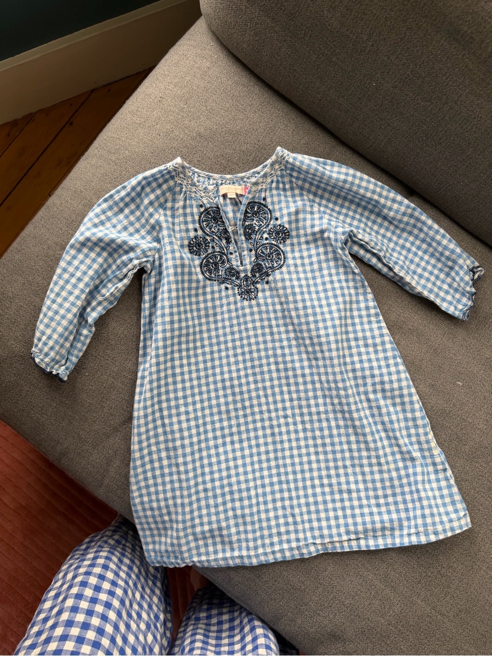 Pink Chicken Blue Gingham Embroidered Tunic Dress 3/4 sleeve girls 7y